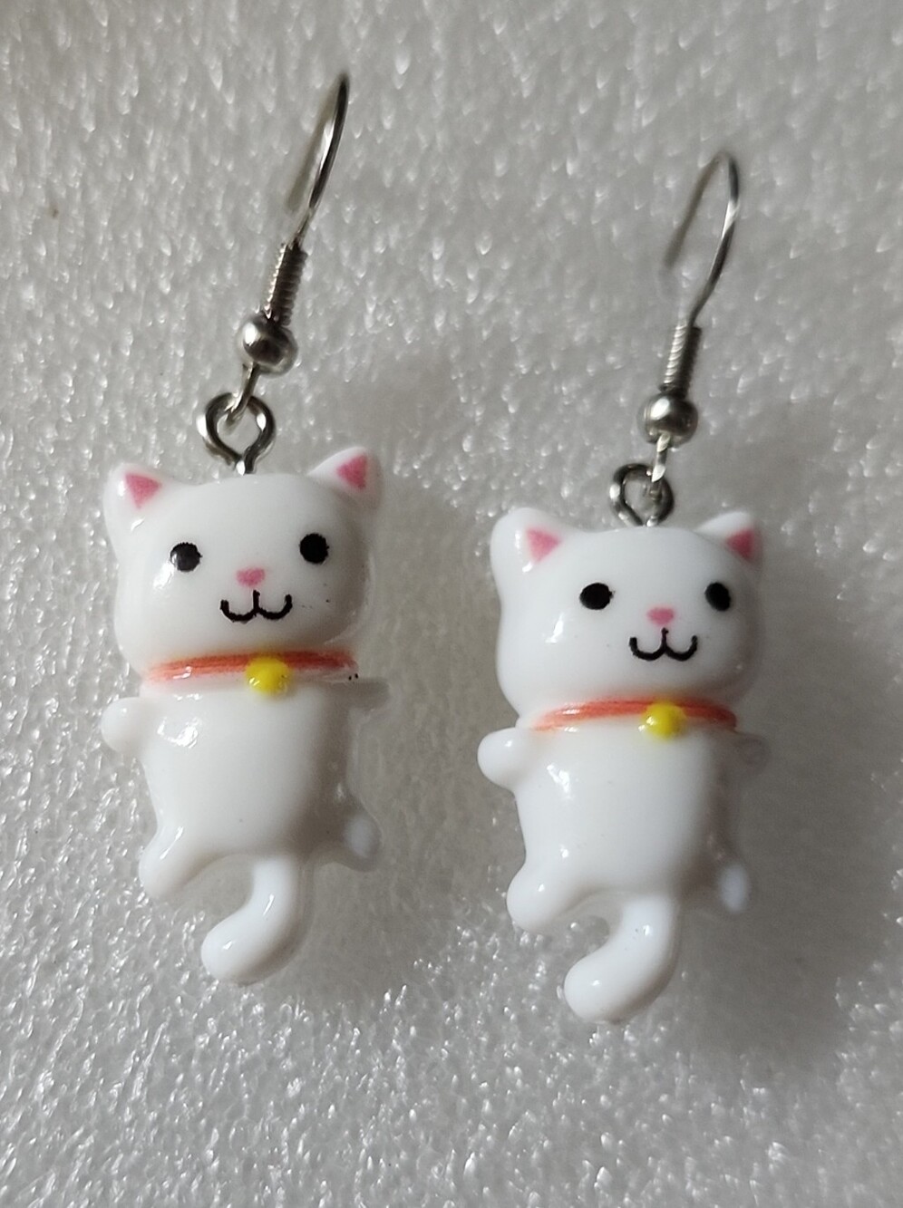 Hand Crafted White Cat Dangle Earrings with Pink Accents